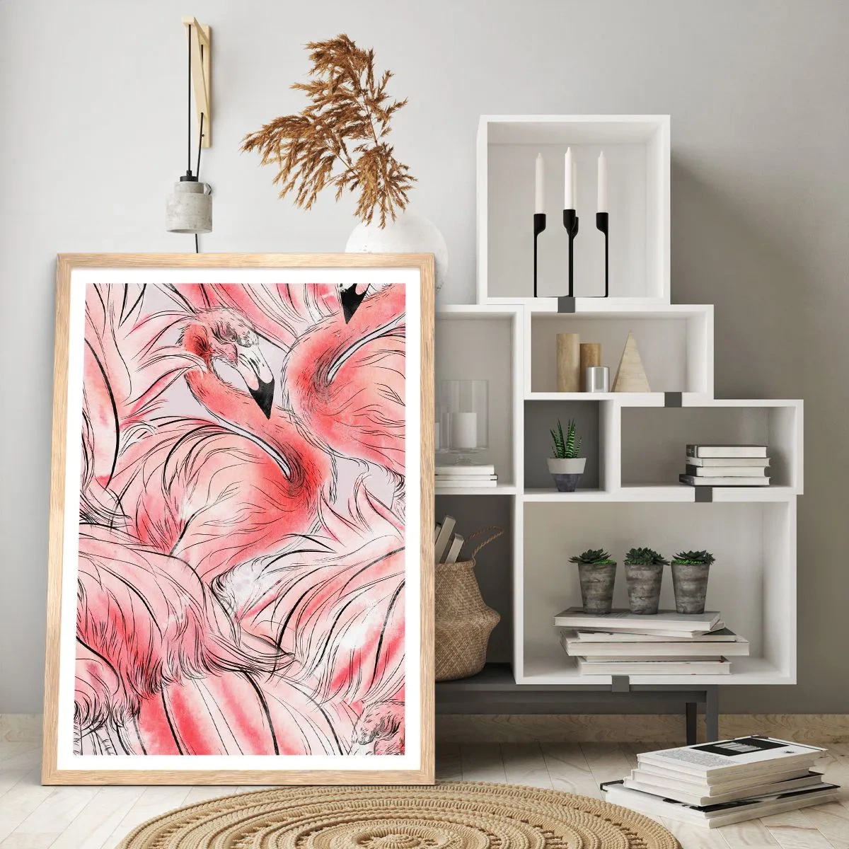 Plakat i ramme af lyst egetræ - Fugle corps de ballet - 50x70 cm