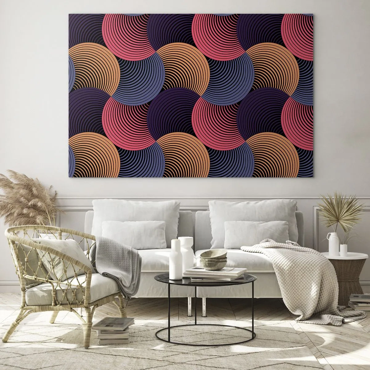 Billede på glas - Farverige koncentriske cirkler danner et geometrisk mønster - 70x50cm - I en cirkulær rytme - Moderne vægdekoration til stue og soveværelse ARTTOR