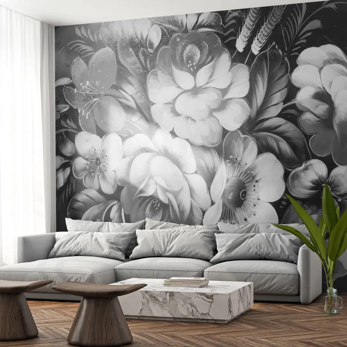 Fototapet Premium Canvas - Smuk selv i grå farve - Abstraktion, Blomster, Stykke - 500x350 cm