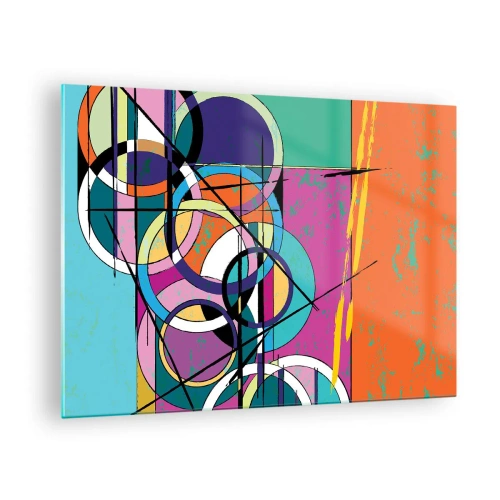 Billede på glas - Farverig abstraktion med geometriske former og cirkler - 70x50cm - Hjul for hjul - Moderne vægdekoration til stue og soveværelse ARTTOR