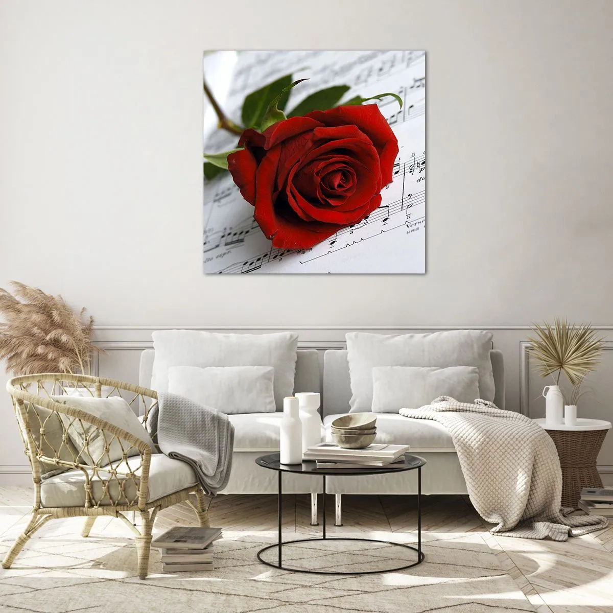 Billede på glas - Musik af følelser i skarlagenrødt - 60x60 cm