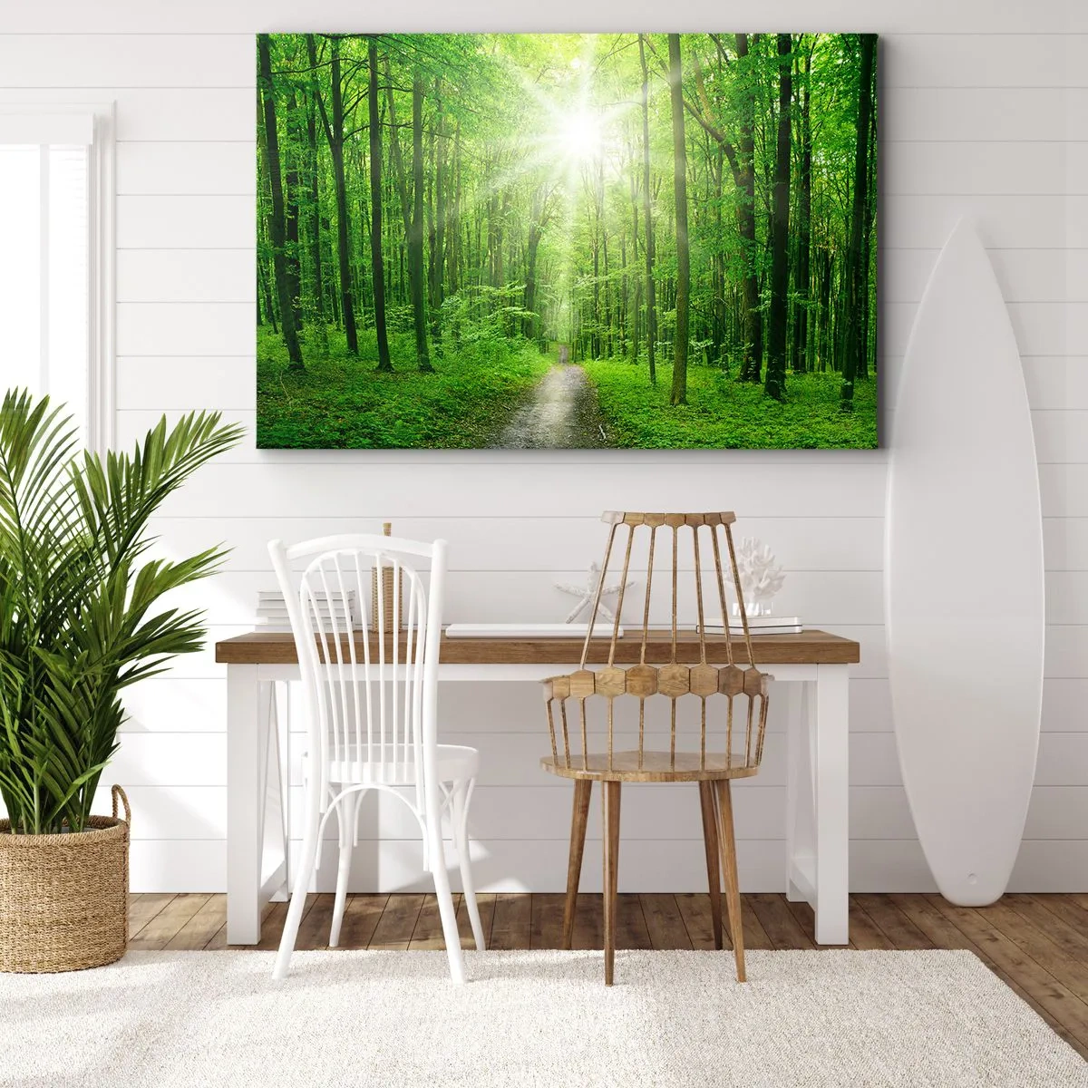 Lærredstryk - Billede på lærred - Sti i skoven med solstråler - 70x50cm - Grøn katedral - Moderne vægdekoration til stue og soveværelse ARTTOR