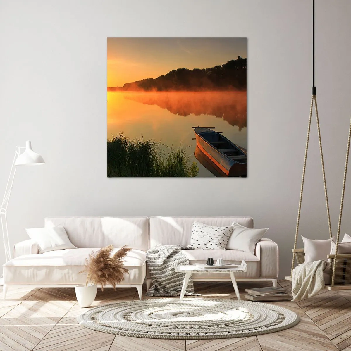 Lærredstryk - Billede på lærred - Solopgang over vand som en spejlplade - 40x40 cm
