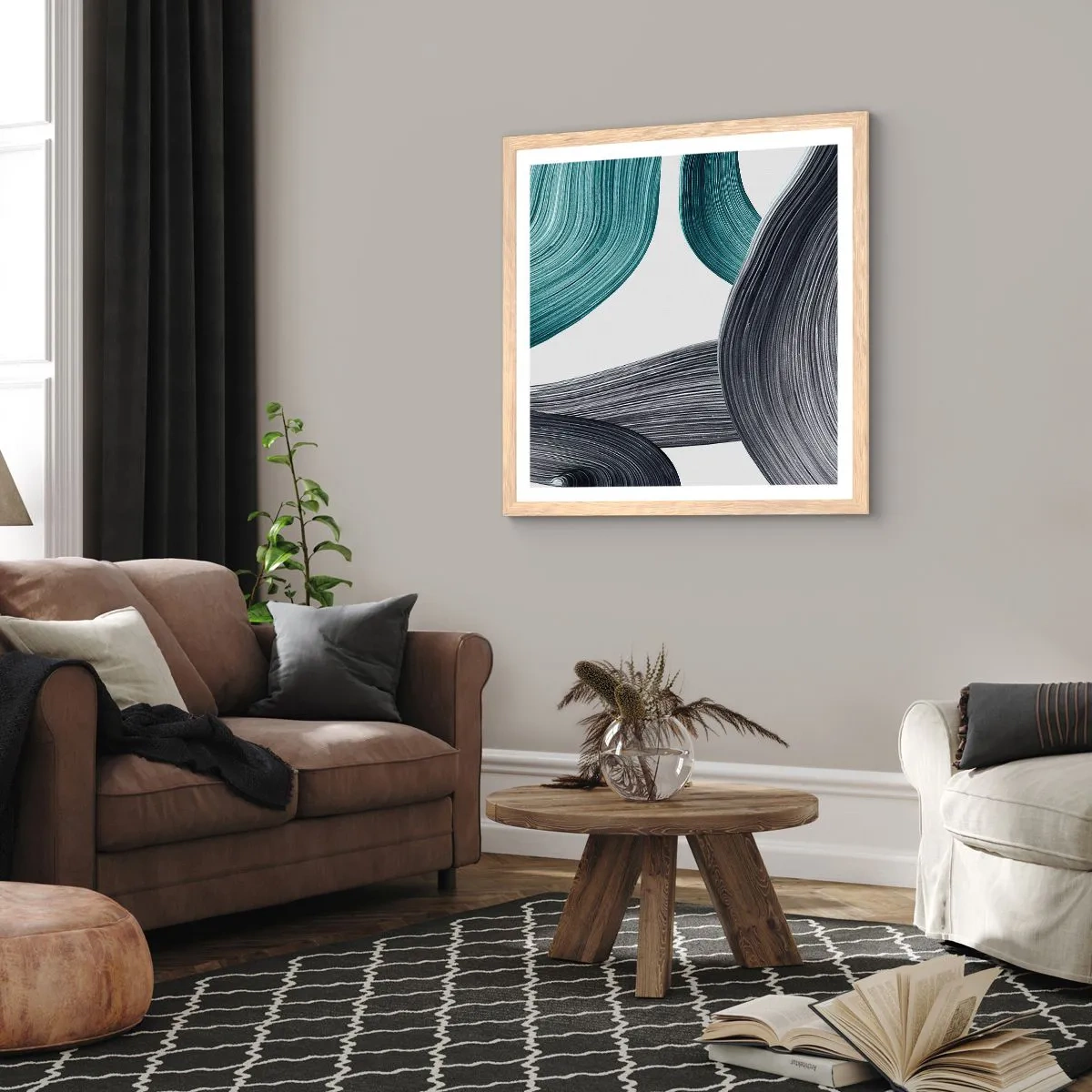 Plakat i ramme af lyst egetræ - Smaragdgrønne og sorte stier - 40x40 cm