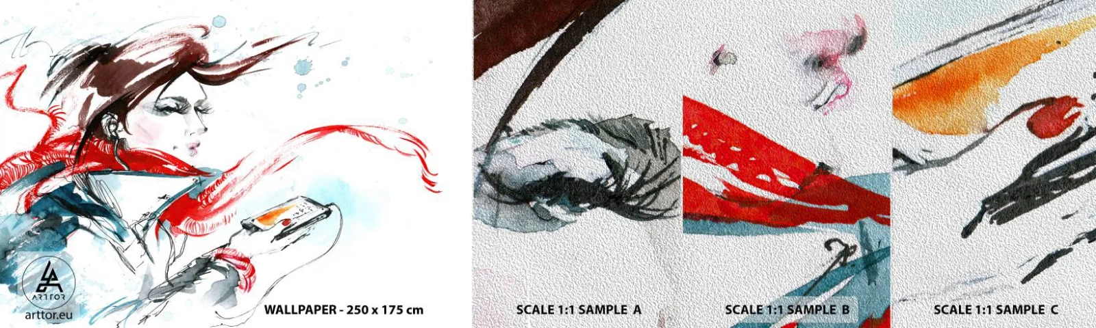 Prøve Fototapet Premium Sand - Noget spiller inden i mig - Kvinde, Telefon, Mode - 100x30 cm