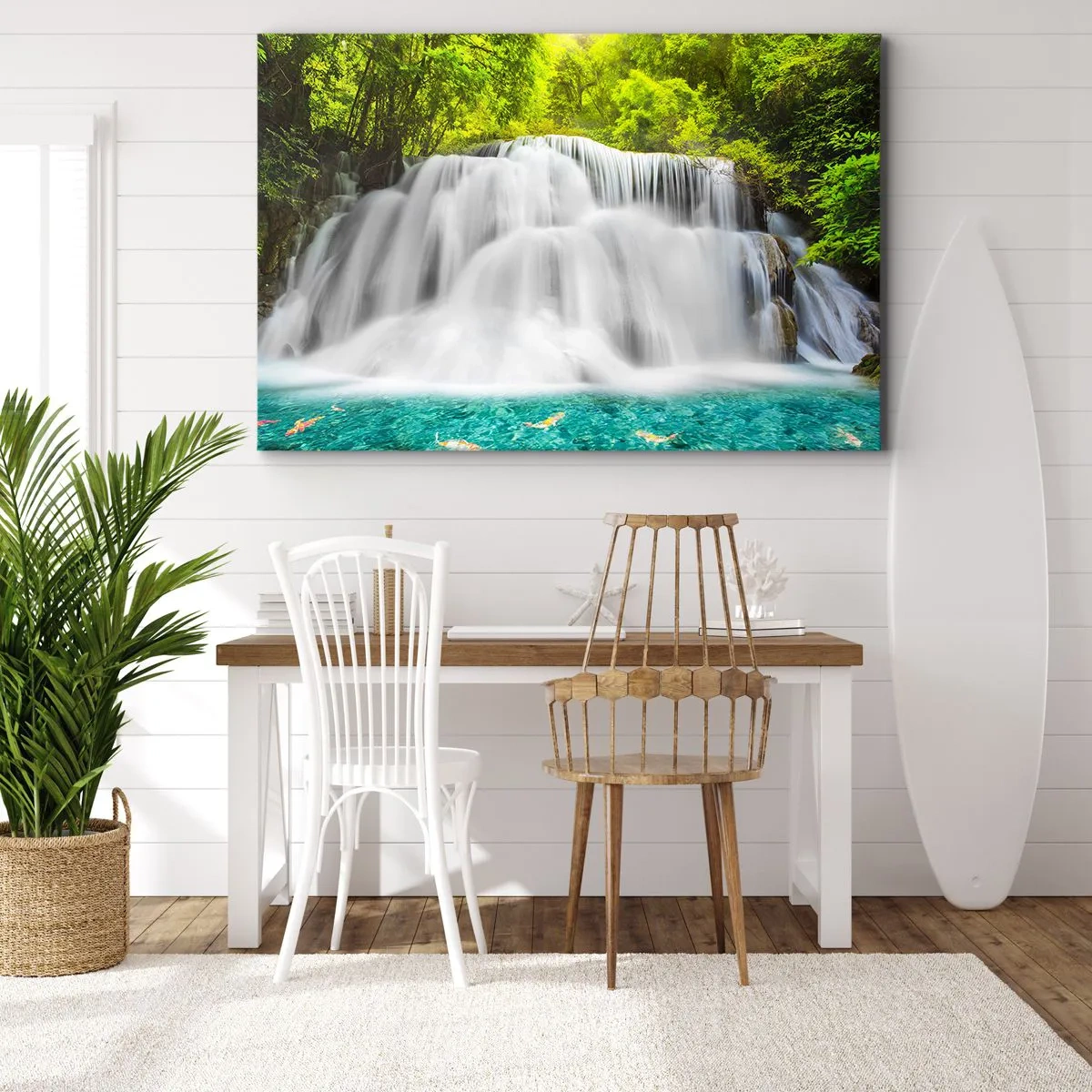 Lærredstryk - Billede på lærred - Et vandfald i en tropisk skov med turkisblåt vand - 70x50cm - En skummende kaskade fra grøn til azurblå - Moderne vægdekoration til stue og soveværelse ARTTOR