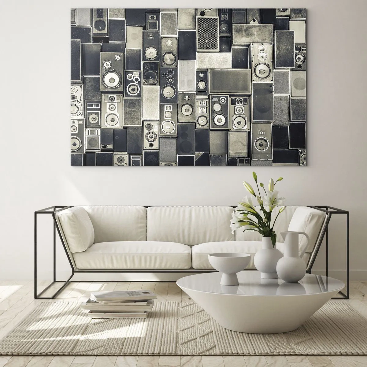 Billede på glas - En sammensætning af retrohøjttalere i grå nuancer - 70x50cm - Og alt er i orden - Moderne vægdekoration til stue og soveværelse ARTTOR