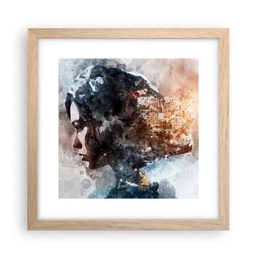 Plakat i ramme af lyst egetræ - Historien om en pige med en by i baggrunden - 30x30 cm