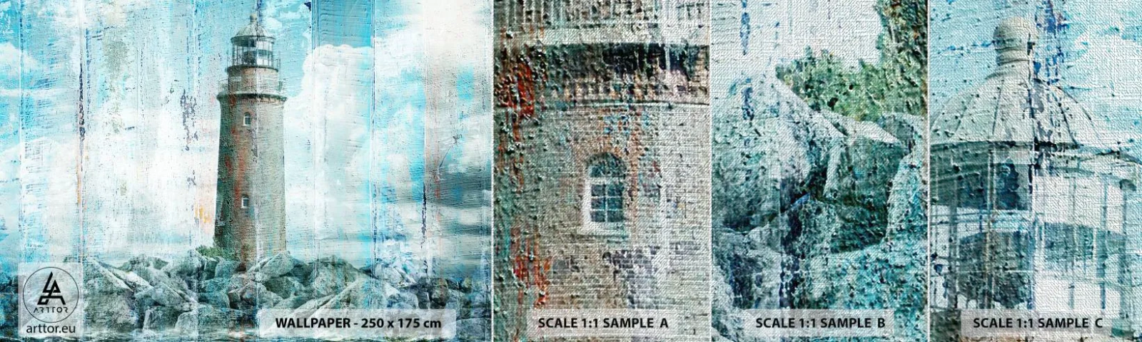 Prøve Fototapet Premium Canvas - På gammelt træ - Abstraktion, Fyrtårn, Hav - 100x30 cm