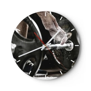 Vægur, Uret - Håndvægt og hånd under træning - 30x30cm - Udfordringen er taget imod! - Moderne vægdekoration til stue, køkken og soveværelse ARTTOR