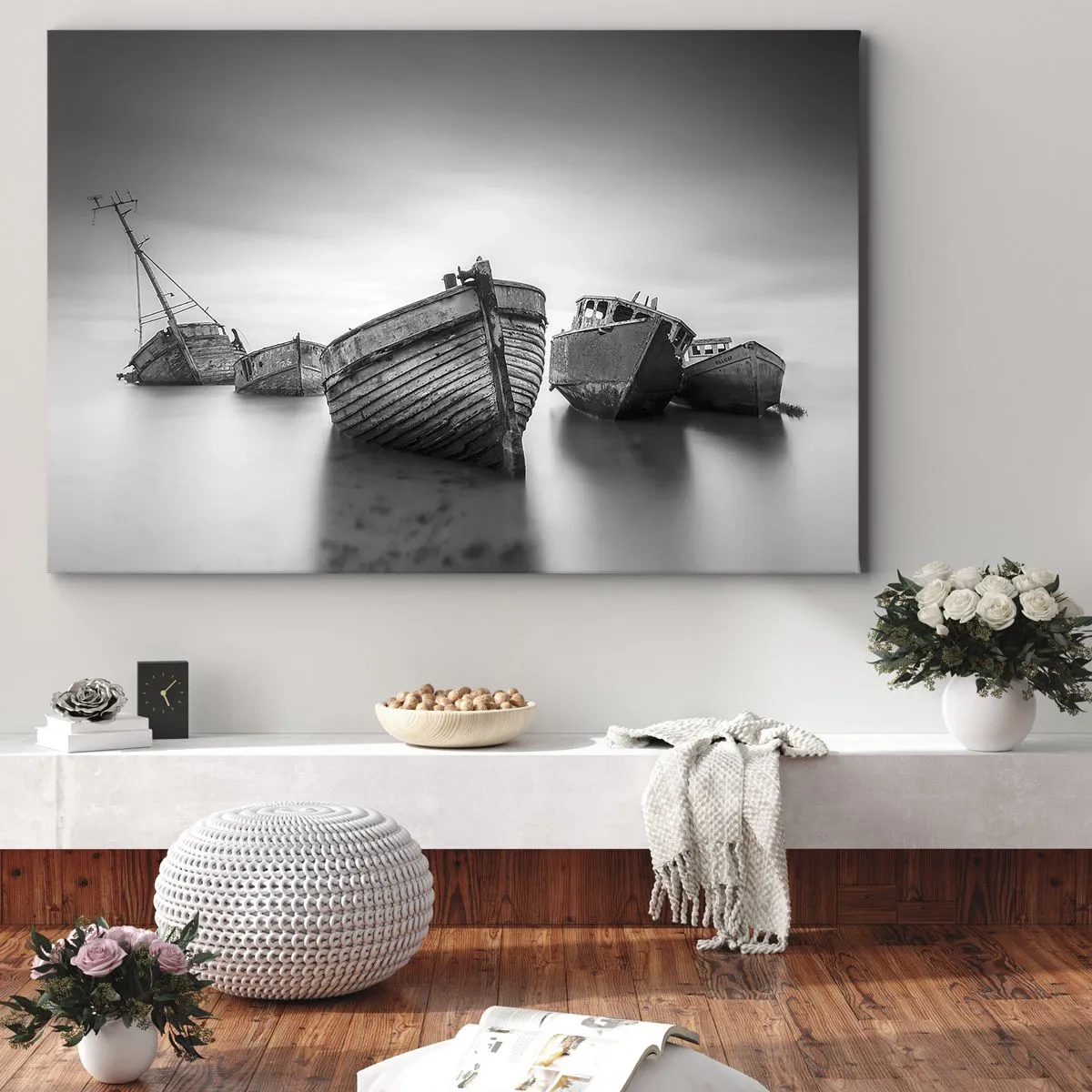 Lærredstryk - Billede på lærred - Forladte både på roligt vand - 70x50cm - Nu er det bare minder... - Moderne vægdekoration til stue og soveværelse ARTTOR