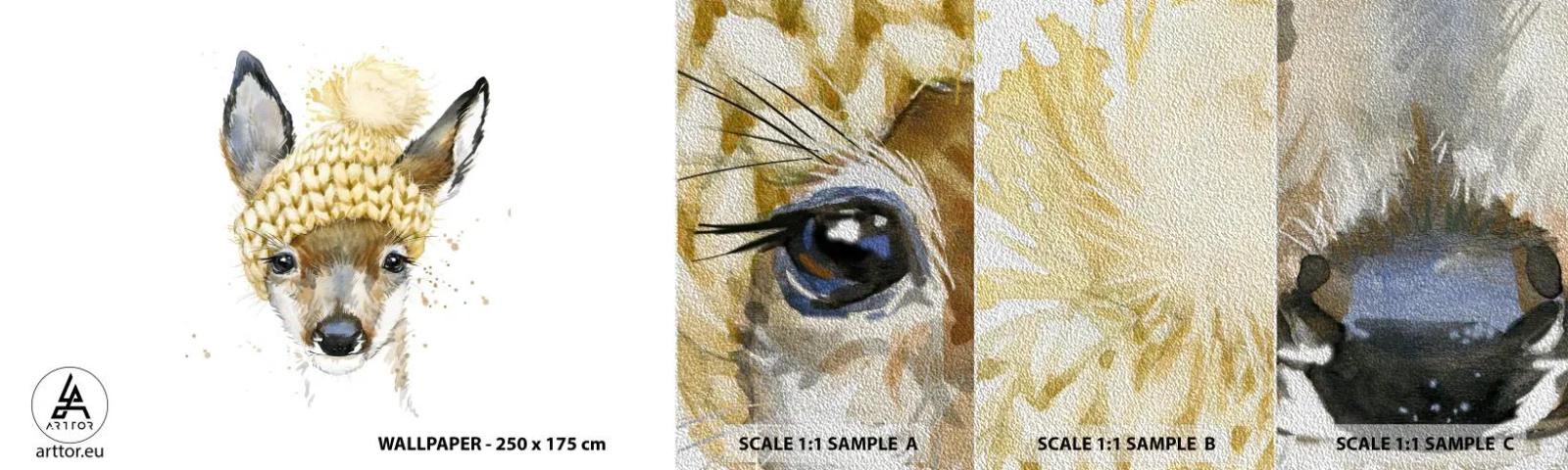 Prøve Fototapet Premium Sand - Til vinter i en sneklædt skov - For børn, Rogn, Grafik - 100x30 cm