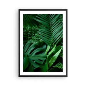 Plakat i sort ramme - Grønne bregner og palmeblade skaber et tropisk mønster - 50x70cm - Kranset i grønt - Moderne vægdekoration til stue og soveværelse ARTTOR