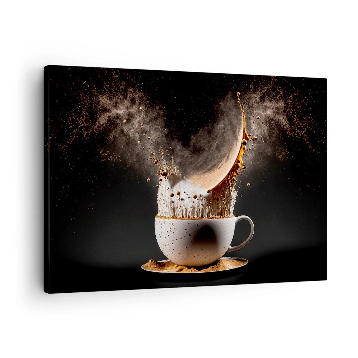 Lærredstryk - Billede på lærred - En kop kaffe med en dynamisk eksplosion af væske på en sort baggrund. - 70x50cm - En eksplosion af smag - Moderne vægdekoration til stue og soveværelse ARTTOR