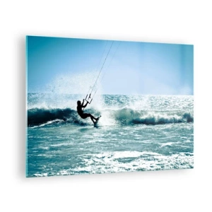 Billede på glas - Kitesurfer på havets bølger på en solskinsdag - 70x50cm - Lad dig rive med - Moderne vægdekoration til stue og soveværelse ARTTOR