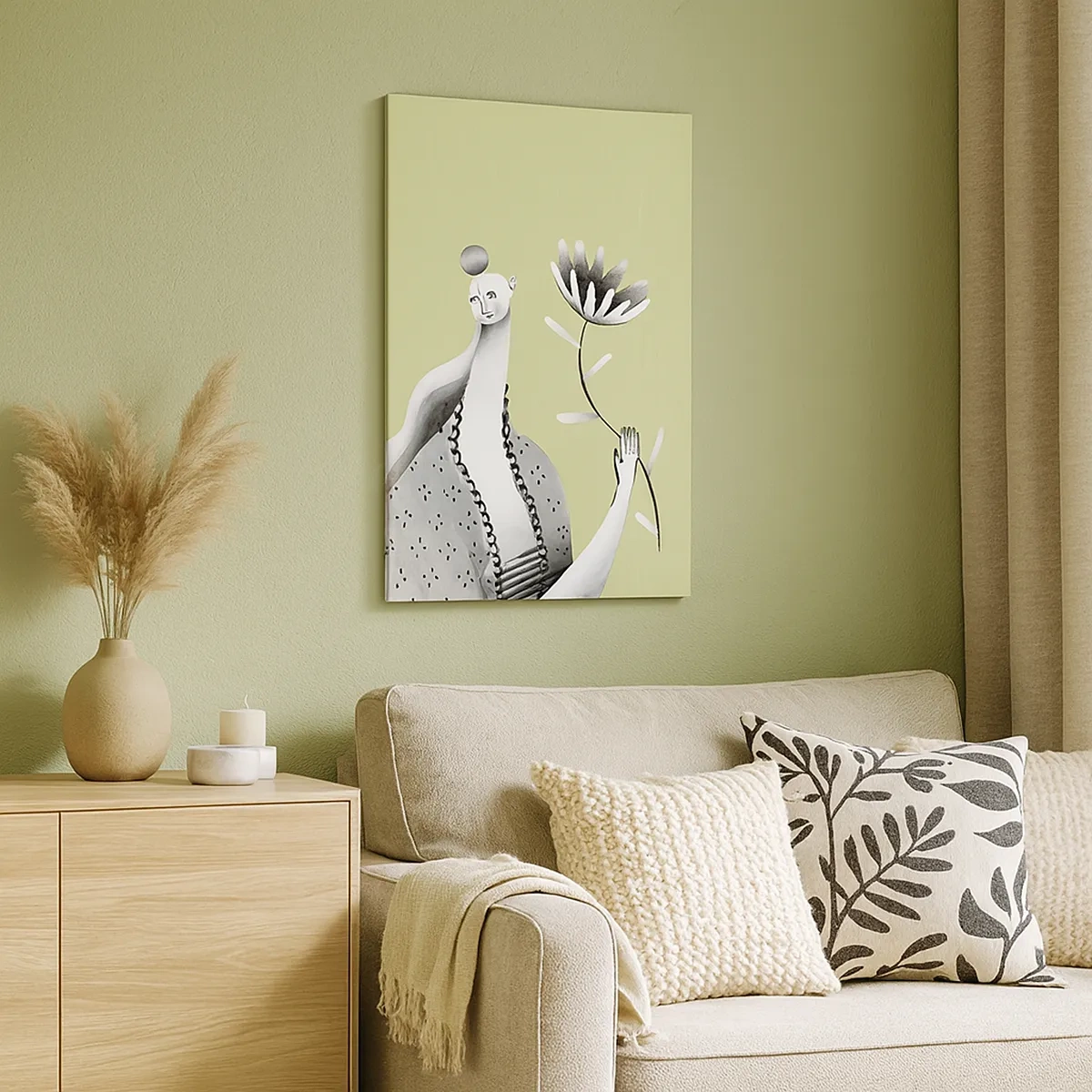 Lærredstryk - Billede på lærred - Modernistisk portræt - holder en blomst - 50x70 cm