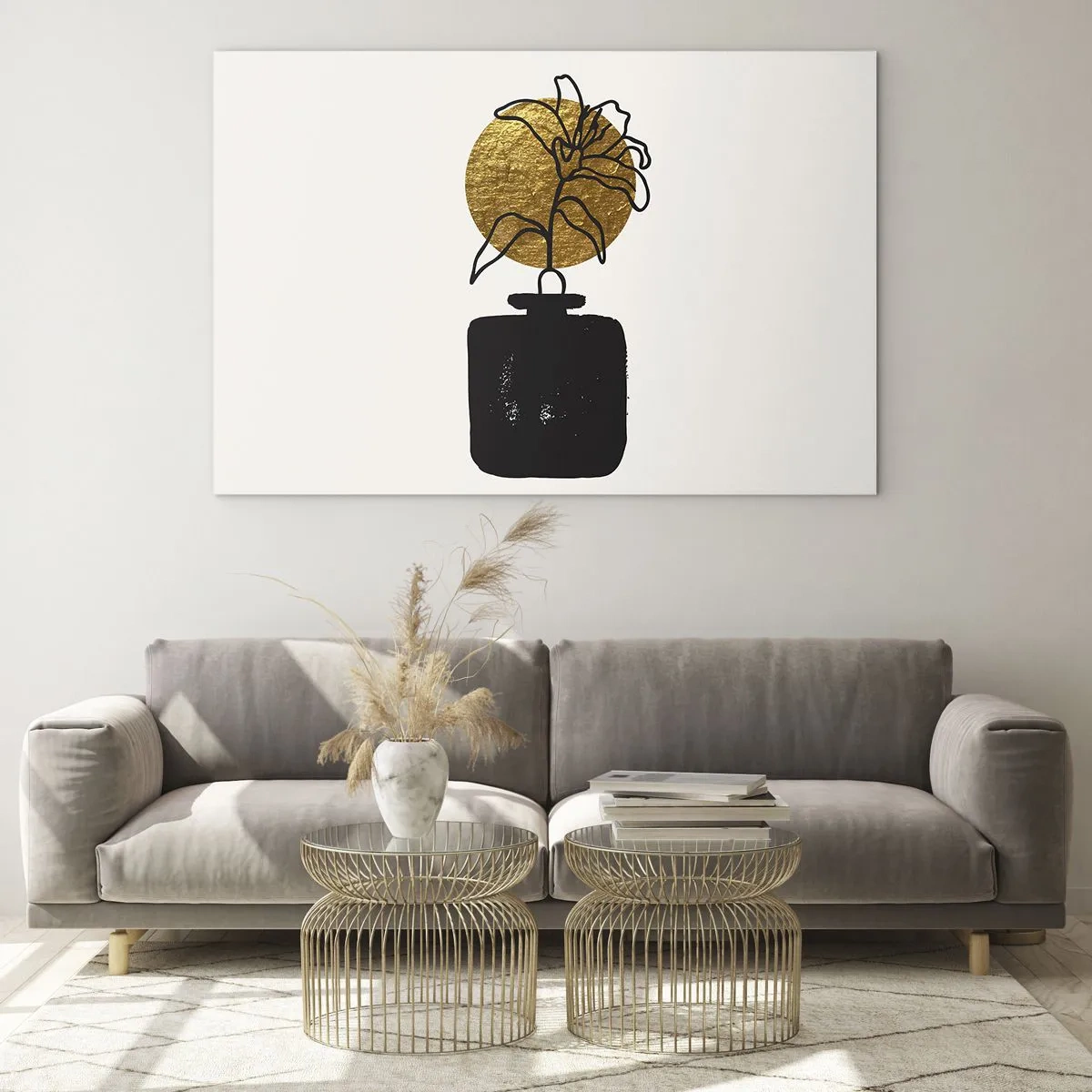 Billede på glas - Minimalistisk grafik med en blomst i en gylden cirkel og en sort vase - 70x50cm - Skønhed i balance - Moderne vægdekoration til stue og soveværelse ARTTOR