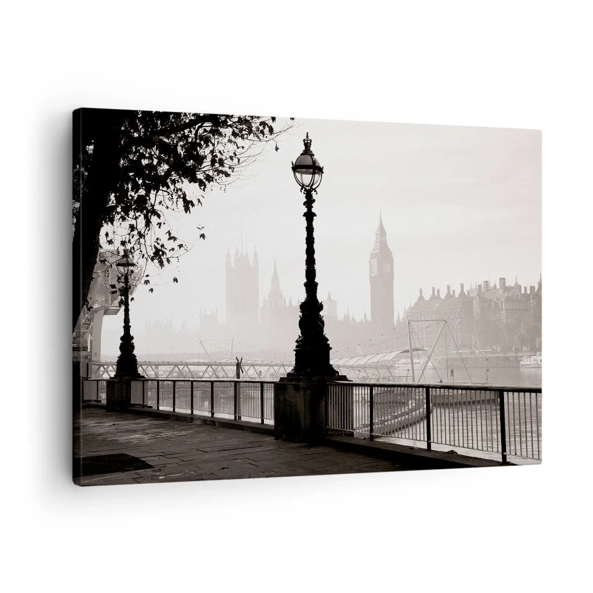 Lærredstryk - Billede på lærred - En monokromatisk udsigt over Big Ben og Themsen. - 70x50cm - London morgen - Moderne vægdekoration til stue og soveværelse ARTTOR