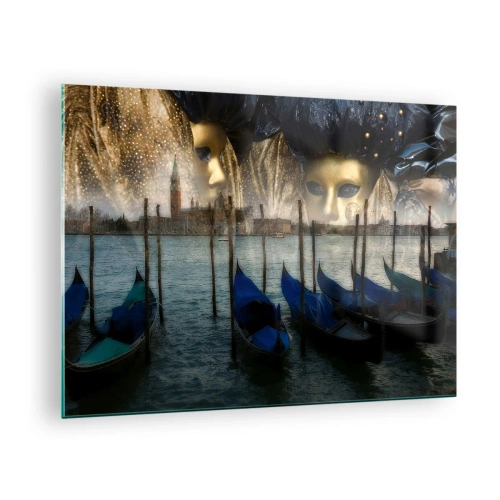 Billede på glas - Venedig med gondoler og karnevalsmasker - 70x50cm - Tid til at starte karneval - Moderne vægdekoration til stue og soveværelse ARTTOR