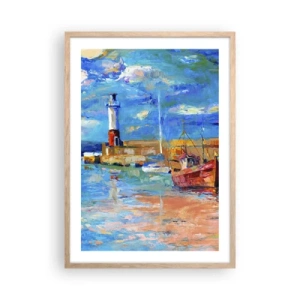 Plakat i ramme af lyst egetræ - Eftermiddag i regnbuebugten - 50x70 cm