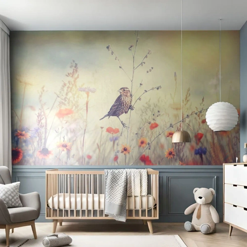 Fototapet Selvklæbende Deluxe Sticker - Fugleportræt med en eng i baggrunden - Fugl, Eng, Natur - 150x105 cm