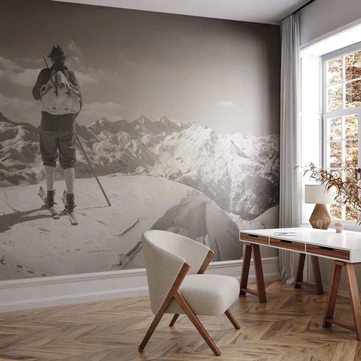 Fototapet Premium Sand - Og bjergene er de samme - Landskab, Bjerge, Skiløber - 100x70 cm