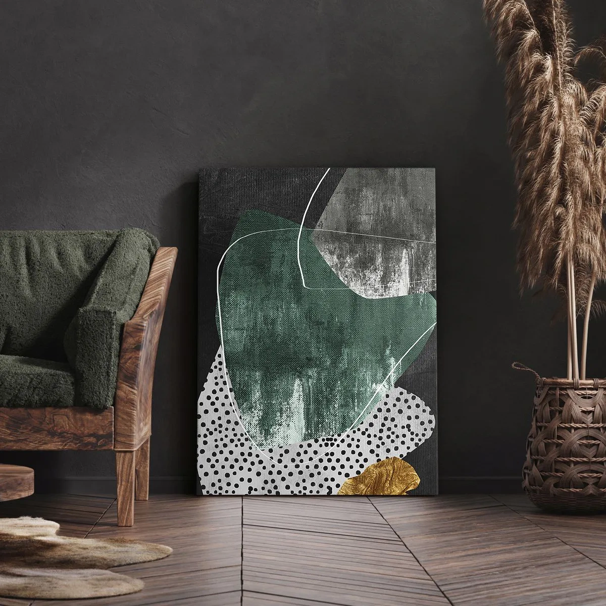 Lærredstryk - Billede på lærred - Farverig abstraktion med en guldflager - 55x100 cm