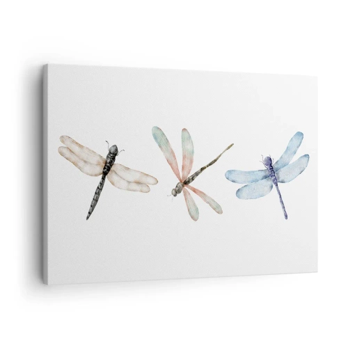 Lærredstryk - Billede på lærred - Tre guldsmede i sarte pastelfarver - 70x50cm - Vægtløse guldsmede - Moderne vægdekoration til stue og soveværelse ARTTOR