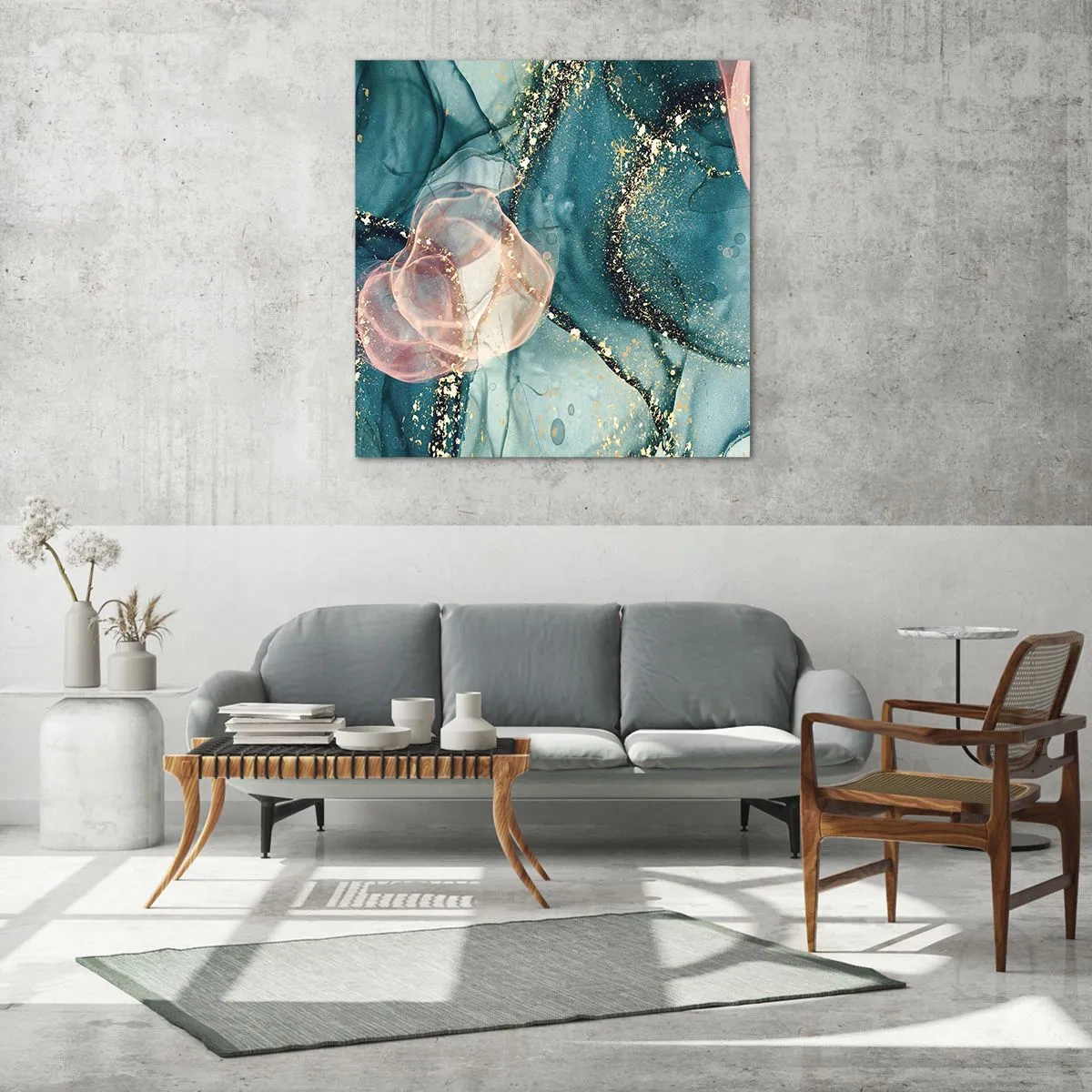 Billede på glas - Silkeblå, tyl lyserød - 70x70 cm