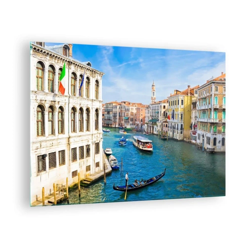 Billede på glas - En kanal i Venedig med gondoler og både på vandet - 70x50cm - Den eneste trafik i verden - Moderne vægdekoration til stue og soveværelse ARTTOR