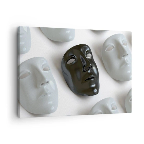 Lærredstryk - Billede på lærred - Sorte og hvide masker på en lys baggrund - 70x50cm - Hvordan skiller man sig ud? - Moderne vægdekoration til stue og soveværelse ARTTOR