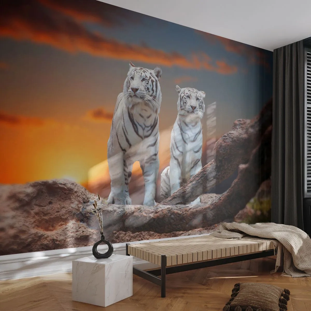 Fototapet Premium Canvas - Ligesom i Narnia - Dyr, Tiger, Solnedgang - 200x140 cm