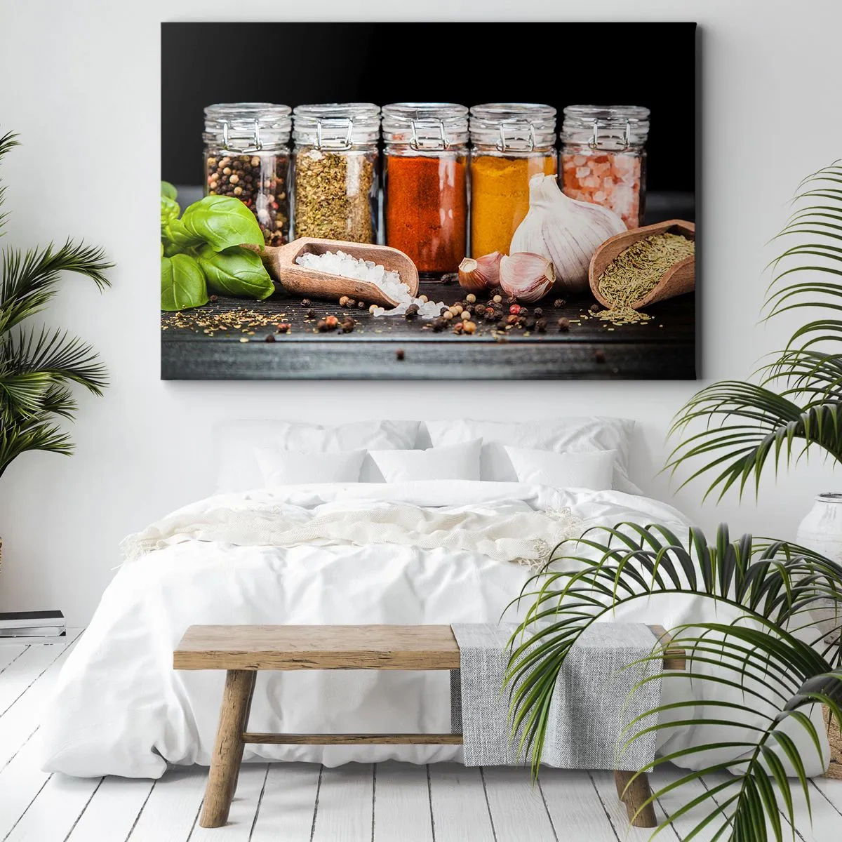 Lærredstryk - Billede på lærred - Krydderurter og krydderier i glas på en mørk baggrund - 70x50cm - For at livet kan smages - Moderne vægdekoration til stue og soveværelse ARTTOR