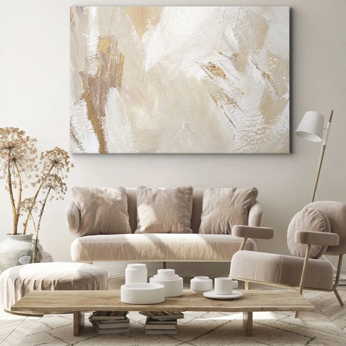 Lærredstryk - Billede på lærred - Delikate abstrakte toner i beige og guld nuancer - 70x50cm - Pastelkomposition - Moderne vægdekoration til stue og soveværelse ARTTOR