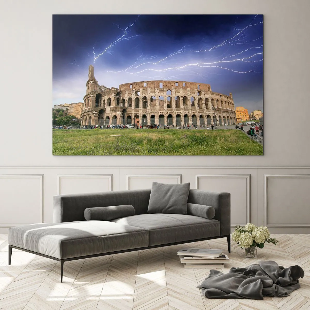 Billede på glas - Colosseum i Rom under et lynnedslag - 70x50cm - Kamparena - Moderne vægdekoration til stue og soveværelse ARTTOR