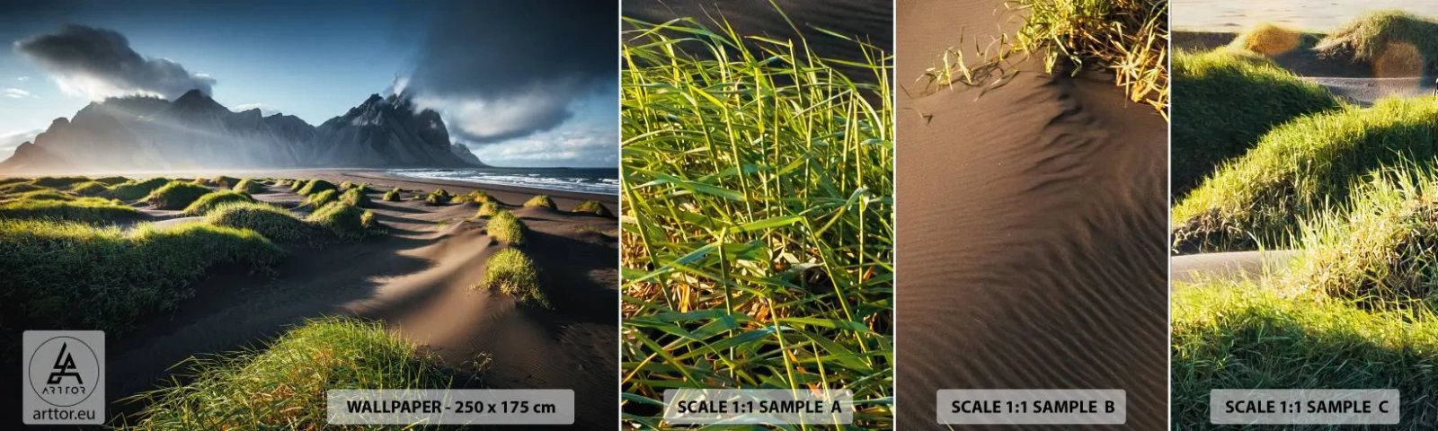 Prøve Fototapet Selvklæbende Deluxe Sticker - Harmoni mellem elementerne - Landskab, Island, Bjerge - 100x30 cm