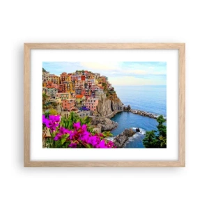 Plakat i ramme af lyst egetræ - En grinende by - 40x30 cm