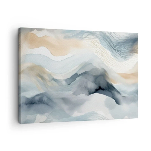Lærredstryk - Billede på lærred - En delikat abstraktion med et bjergmotiv i pastelfarver. - 70x50cm - Abstraktion af sne og tåge - Moderne vægdekoration til stue og soveværelse ARTTOR