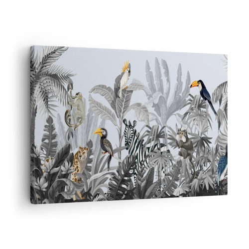 Lærredstryk - Billede på lærred - Tropisk jungle med eksotiske dyr på en grå baggrund - 70x50cm - En afrikansk fabel - Moderne vægdekoration til stue og soveværelse ARTTOR