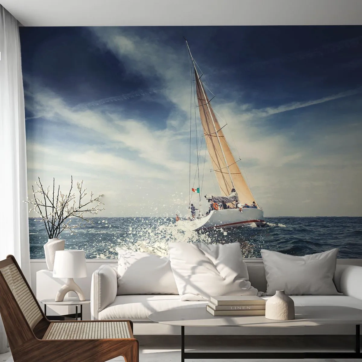 Fototapet Premium Sand - De kan ikke indhente os! - Sejlbåd, Ocean, Sejlbåd - 100x70 cm