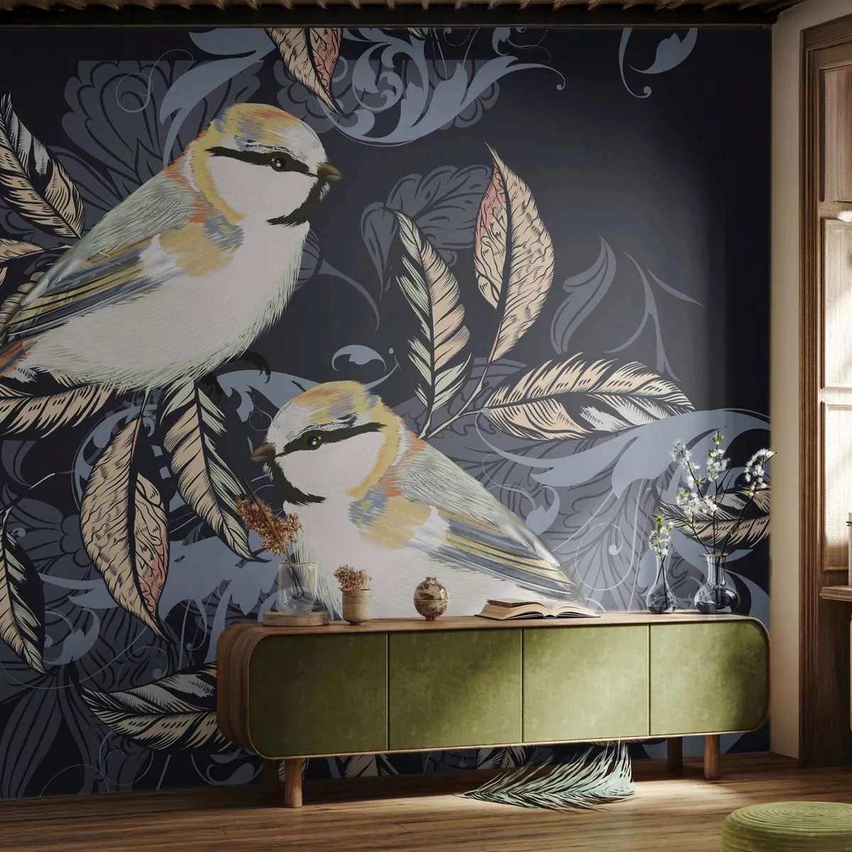 Fototapet Premium Sand - Gul-blå espalier - Abstraktion, Fugle, Blade - 350x256 cm