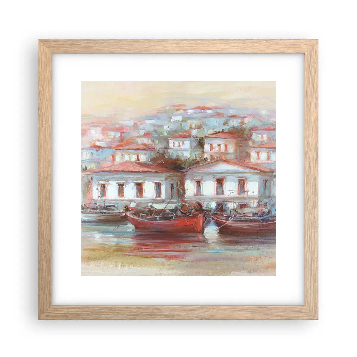 Plakat i ramme af lyst egetræ - Lykkelig by - 30x30 cm