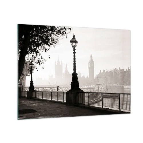 Billede på glas - Sort-hvidt fotografi af Londons promenade med Big Ben - 70x50cm - London morgen - Moderne vægdekoration til stue og soveværelse ARTTOR