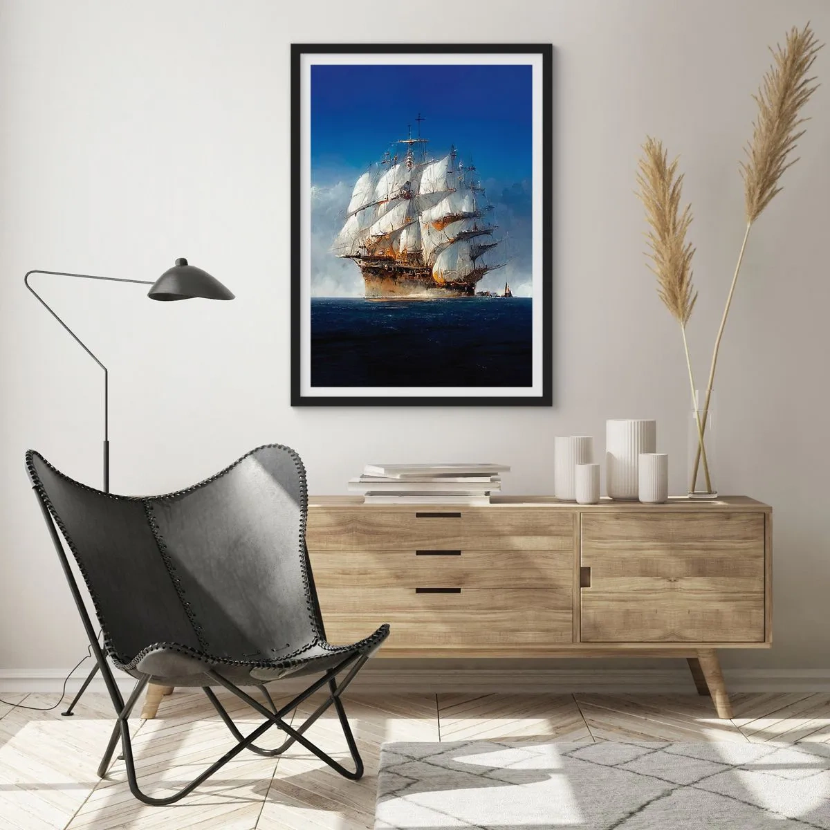 Plakat i sort ramme - Et sejlskib på åbent hav under fulde sejl i sollyset - 50x70cm - Den store herlighed! - Moderne vægdekoration til stue og soveværelse ARTTOR
