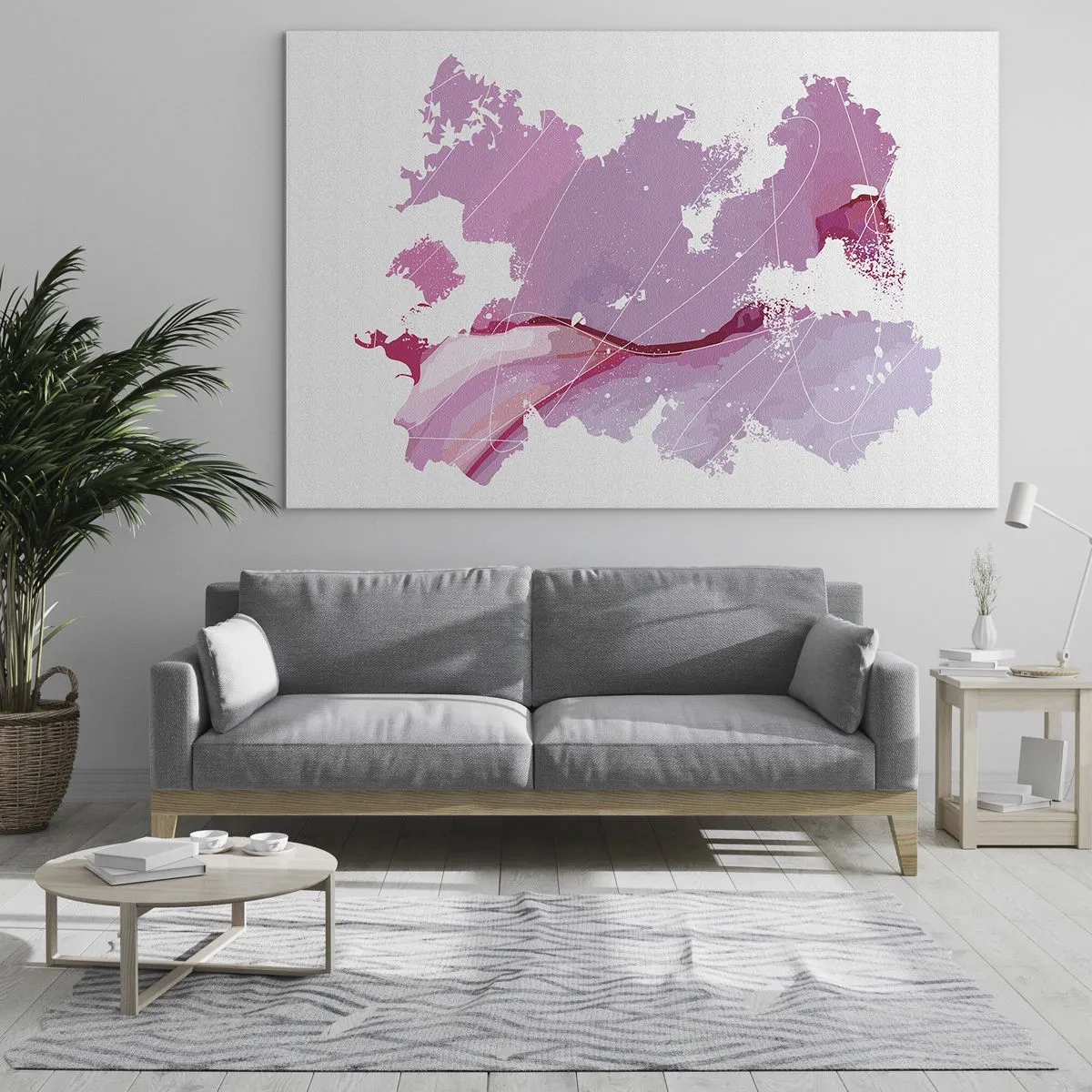 Billede på glas - Abstrakt kort i nuancer af lyserød og lilla på en hvid baggrund - 70x50cm - Kort over en lyserød verden - Moderne vægdekoration til stue og soveværelse ARTTOR