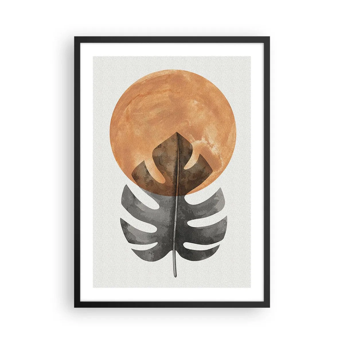 Plakat i sort ramme - Et monsterablad mod en varm orange cirkel - 50x70cm - Altid solen - Moderne vægdekoration til stue og soveværelse ARTTOR