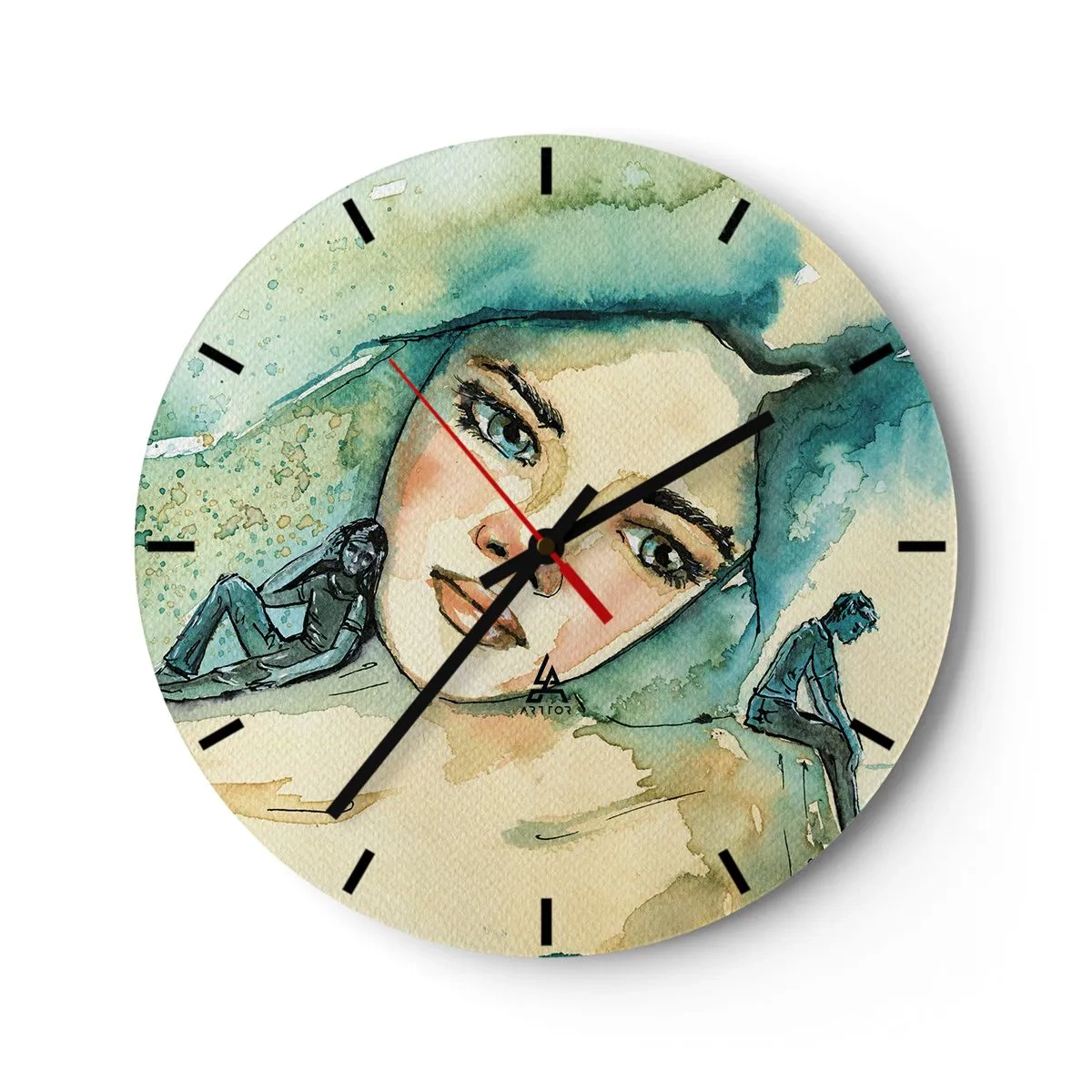 Vægur, Uret - Kunstnerisk portræt af en kvinde og silhuetter i blå nuancer - 30x30cm - Am I blue? - Moderne vægdekoration til stue, køkken og soveværelse ARTTOR