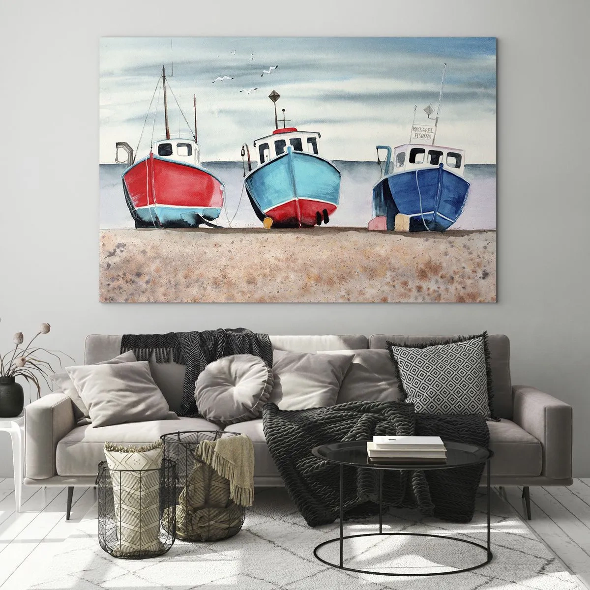 Billede på glas - Tre farverige fiskerbåde på kysten - 70x50cm - Klar til at fange - Moderne vægdekoration til stue og soveværelse ARTTOR