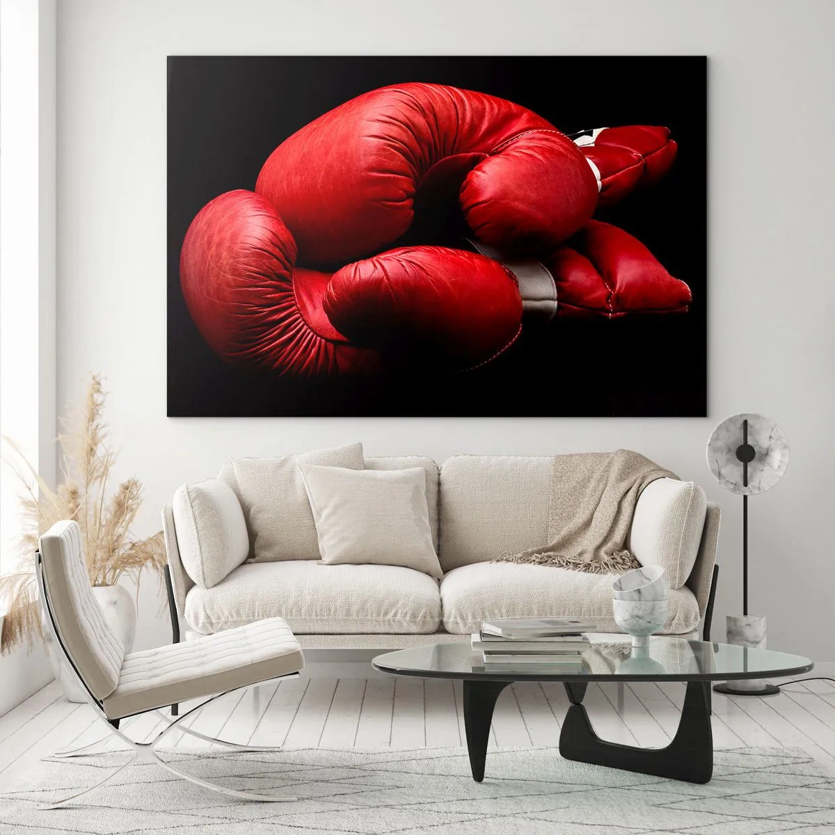 Billede på glas - Røde boksehandsker på en sort baggrund - 70x50cm - Kampens spænding bag os - Moderne vægdekoration til stue og soveværelse ARTTOR
