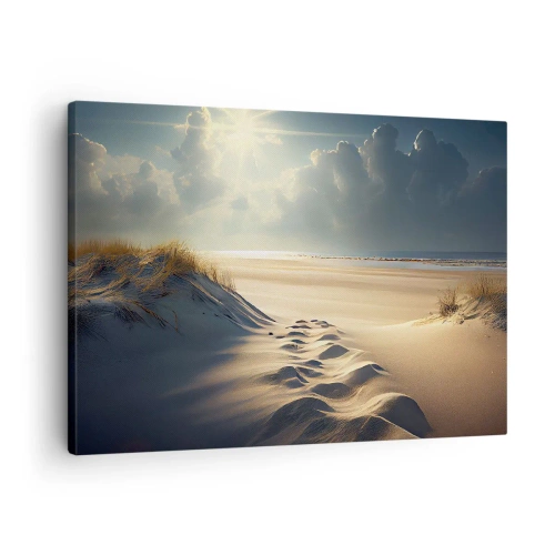 Lærredstryk - Billede på lærred - Gyldne klitter på stranden ved solnedgang med udsigt over havet - 70x50cm - Beroligende landskab - Moderne vægdekoration til stue og soveværelse ARTTOR